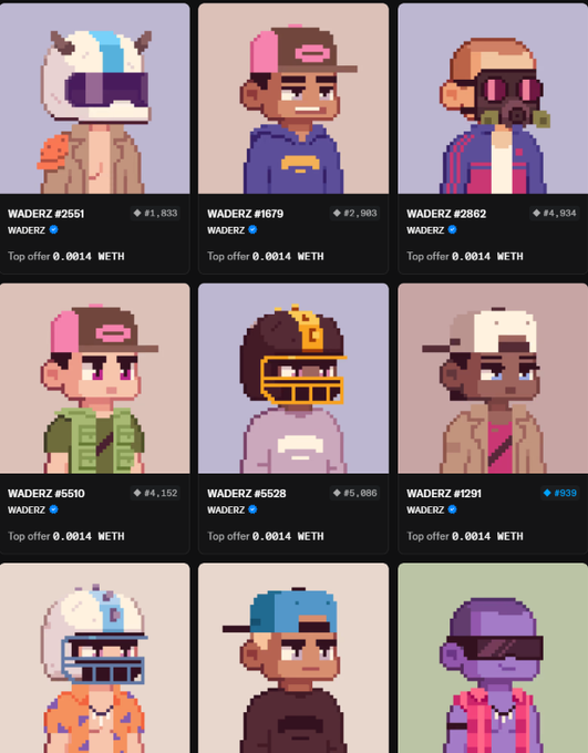 A grid of nine pixel-art avatar NFTs called 'WADERZ' displayed on a marketplace, showing token IDs like #2551 and #1679 with top offers of 0.0014 WETH each.