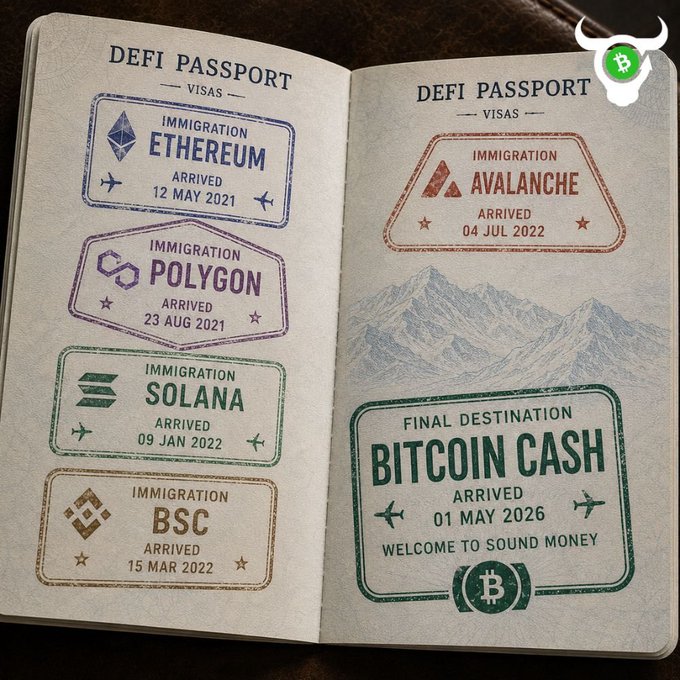 An illustration of an open 'DEFI PASSPORT' showing various 'immigration' stamps from blockchains including Ethereum, Polygon, Solana, BSC, and Avalanche, with a 'FINAL DESTINATION' stamp for 'BITCOIN CASH' dated '01 MAY 2026'.