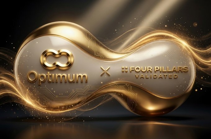 A 3D rendering of a metallic gold and silver infinity-shaped object displaying the logos "Optimum" and "FOUR PILLARS VALIDATED" with circuit board details.