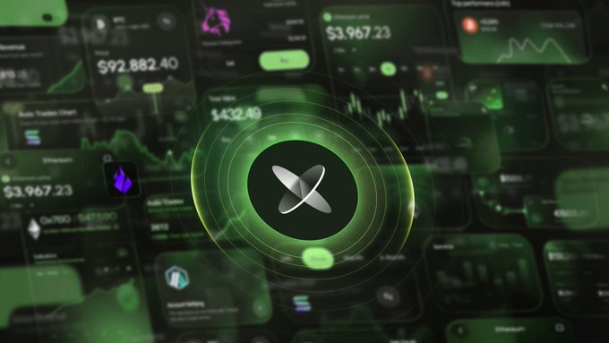 A digital cryptocurrency dashboard display featuring the XRP (Ripple) logo prominently in the center with green-themed charts, trading data, and financial metrics surrounding it.
