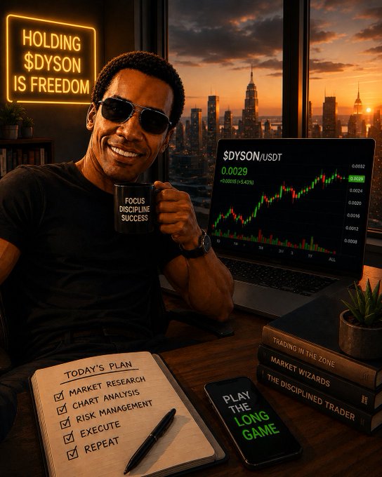 An AI-generated image of a smiling man in sunglasses holding a 'FOCUS DISCIPLINE SUCCESS' mug, with a neon sign reading 'HOLDING $DYSON IS FREEDOM' and a laptop showing a $DYSON/USDT chart. A notebook lists 'TODAY'S PLAN: MARKET RESEARCH, CHART ANALYSIS, RISK MANAGEMENT, EXECUTE, REPEAT,' and a phone displays 'PLAY THE LONG GAME.'
