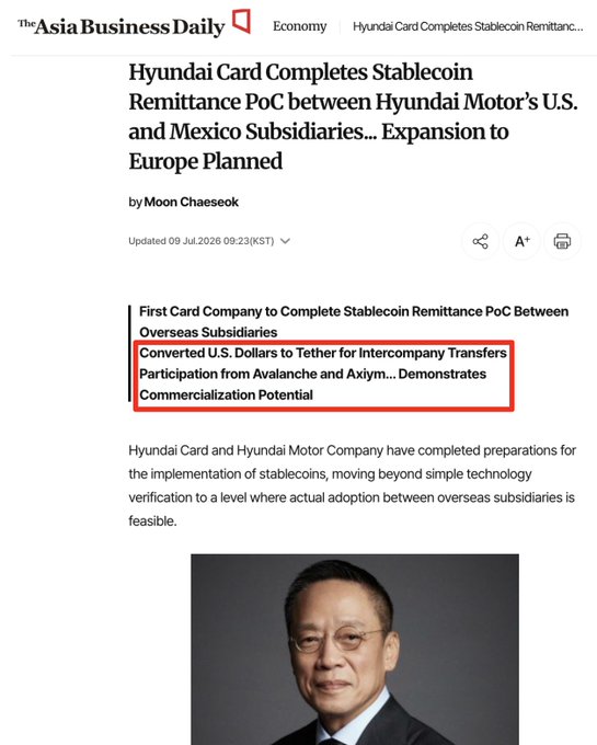 An Asia Business Daily article by Moon Chaeseok dated 09 Jul 2026 about Hyundai Card completing a stablecoin remittance PoC between Hyundai Motor's U.S. and Mexico subsidiaries, with a highlighted section noting 'Converted U.S. Dollars to Tether for Intercompany Transfers Participation from Avalanche and Axiym.'