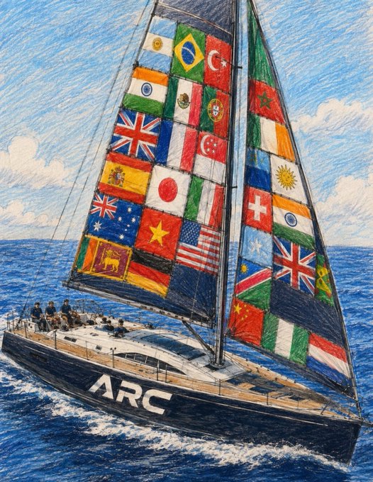 A colored pencil-style illustration of a sailboat named 'ARC' sailing on the ocean, its large sails decorated with the flags of numerous countries from around the world.