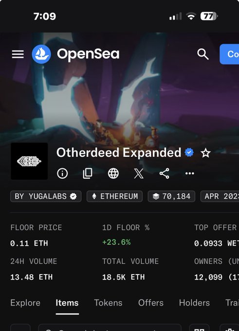 An OpenSea mobile app screenshot showing the 'Otherdeed Expanded' collection by Yuga Labs on Ethereum, with 70,184 items, a floor price of 0.11 ETH (+23.6% 1D), top offer 0.0933, 24H volume 13.48 ETH, total volume 18.5K ETH, and 12,099 owners.