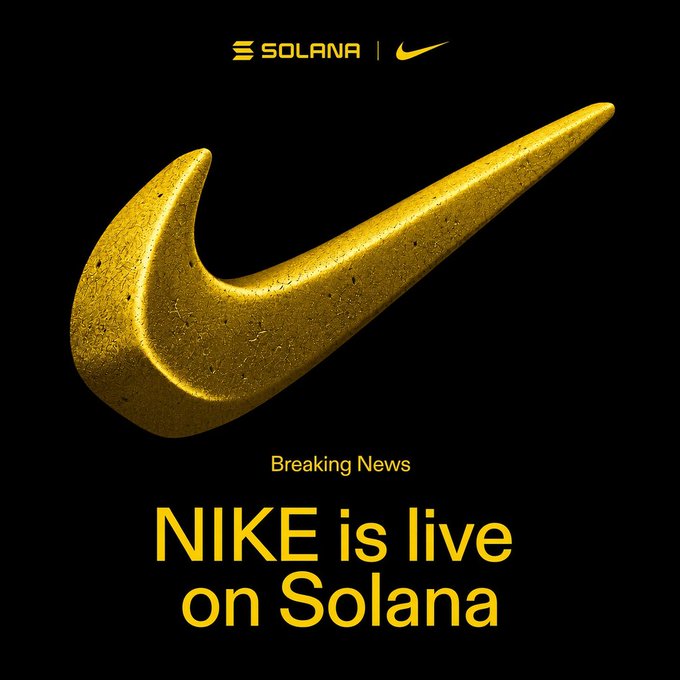 The image is a promotional graphic featuring a large, gold Nike "Swoosh" logo against a black background, with the Solana logo and Nike swoosh at the top. Text reads "Breaking News: NIKE is live on Solana," announcing that Nike ($NKE) stock is now tradeable on the Solana blockchain via Sunrise, issued by Backpack Securities, as referenced in the accompanying post.