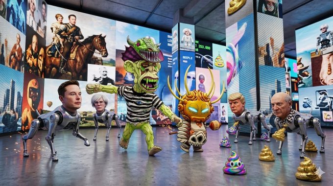 A surreal AI-generated scene of Elon Musk's face on robot dog bodies and other bizarre characters including a mummy and alien creatures, set in a space filled with digital displays.