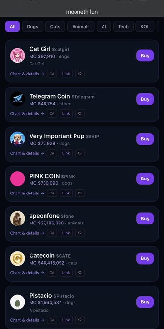 A screenshot of the moonexh.fun website showing a list of cryptocurrency tokens for sale, including 'Cat Girl', 'Telegram Coin', 'Very Important Pup', 'PINK COIN', 'apeonfone', 'Catecoin', and 'Pistacio', along with their market caps and 'Buy' buttons.