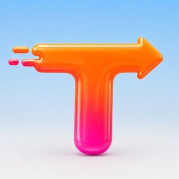 A glossy, 3D-rendered "T" logo with an arrow on top, transitioning from orange to vibrant pink, is displayed against a soft blue gradient background. The image visually represents the "$TRENDS" token mentioned in the post, with the upward arrow symbolizing its rally following the SocialFi app's milestone of surpassing 12,000 iOS downloads and a successful keynote showcasing its features.