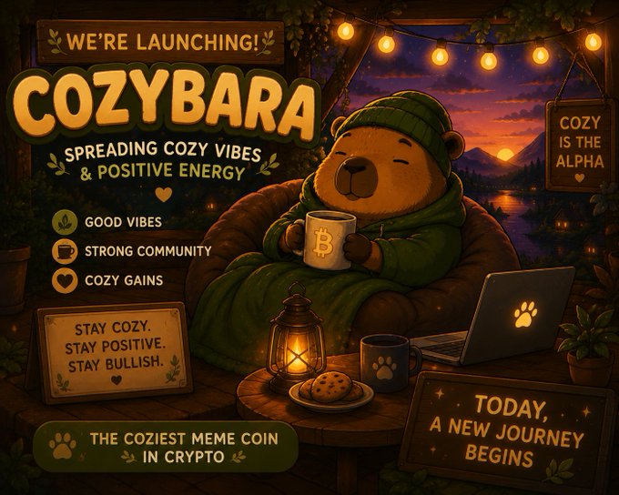 Launch promo for the memecoin 'COZYBARA' — 'SPREADING COZY VIBES & POSITIVE ENERGY' — depicting a bear in a green beanie holding a Bitcoin mug next to a laptop with a paw logo, promoting 'Good Vibes, Strong Community, Cozy Gains.'