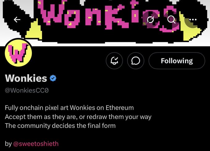 The image shows the Twitter/X profile page for **Wonkies (@WonkiesCC0)**, featuring a pixel-art banner and logo in pink and yellow, with the description: "Fully onchain pixel art Wonkies on Ethereum. Accept them as they are, or redraw them your way. The community decides the final form — by @sweetoshieth." This aligns with the post, which highlights it as an onchain pixel art collection on Ethereum with 3k supply and 3.7k followers, created by @sweetoshieth.
