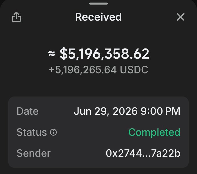 A digital wallet receipt screen showing a completed transaction labeled 'Received' for approximately $5,196,358.62 (+5,196,265.64 USDC) dated Jun 29, 2026 9:00 PM, with the sender address 0x2744...7a22b.