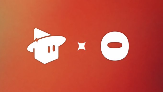 The image features a minimalist white graphic on a vibrant red-to-orange gradient background, displaying a stylized character with a wizard-like hat on the left, a four-pointed star symbol in the middle, and the letter "O" on the right—evoking the "Pay anyone" concept behind Loofta Pay's launch on Solana mainnet, with the hat character symbolizing the magic of MagicBlock's Private Ephemeral Rollups enabling walletless crypto transfers via X username or email.