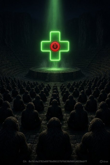 A dark, atmospheric image showing a glowing green cross with a red power button symbol hovering over an audience of hooded figures in a circular amphitheater.