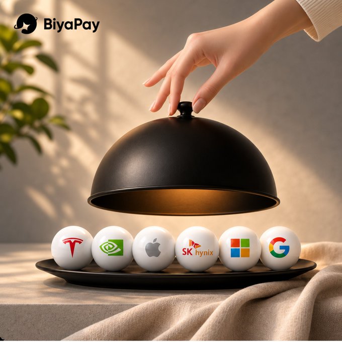 A BiyaPay promotional image showing a hand lifting a cloche to reveal tech company logos (Tesla, NVIDIA, Apple, SK hynix, Microsoft, Google) displayed as small white spheres on a black tray.