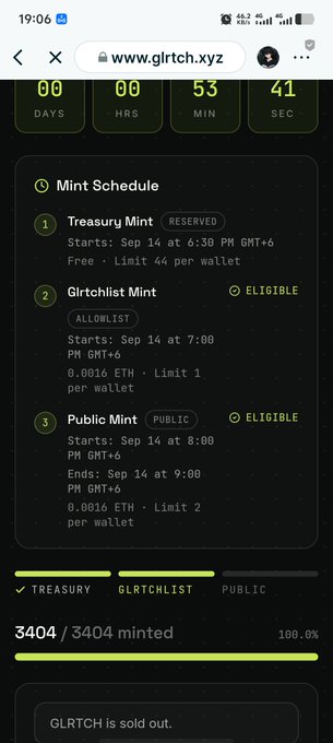 A mobile screenshot of glrtch.xyz displaying a mint schedule with a countdown timer, listing Treasury Mint (Reserved), Glrtchlist Mint (Allowlist, Eligible), and Public Mint phases, all priced at 0.0016 ETH, with 3404/3404 minted and a message stating "GLRTCH is sold out."