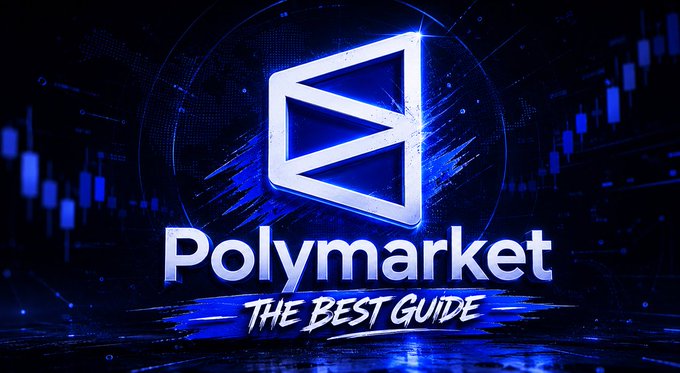 The image features a logo for Polymarket, which is an online marketplace that allows users to buy and sell digital assets such as cryptocurrencies. The logo includes a blue triangle with a white "P" inside of it. Below the logo, there's text that reads "POLYMARKET THE BEST GUIDE". This suggests that the image might be promoting Polymarket or providing information about the platform.