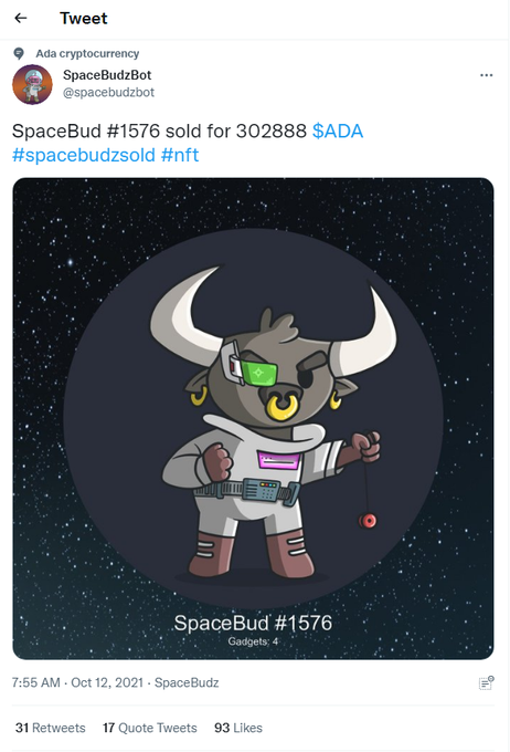 A tweet from @spacebudzbot announces that SpaceBud #1576 sold for 302,888 $ADA, showing a cartoon astronaut bull NFT character against a starry background. The sale caption celebrates the enduring SpaceBudz community, reflecting on the project's lasting activity on Cardano.