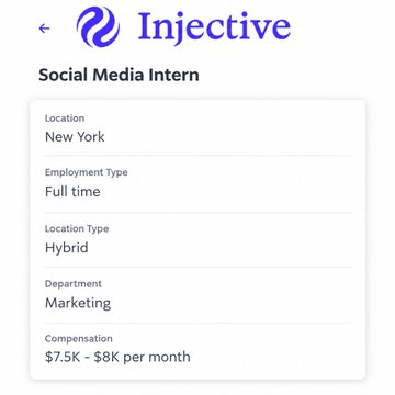 A mobile app screen displaying a 'Social Media Intern' job listing for Injective in New York, with full-time hybrid employment in the Marketing department, offering compensation of $7.5K - $8K per month.