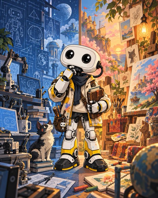 An illustrated scene of a robot in a yellow and white jacket holding a sketchbook in an artist's studio, accompanied by a small dog, with blueprints and paintings in the background.