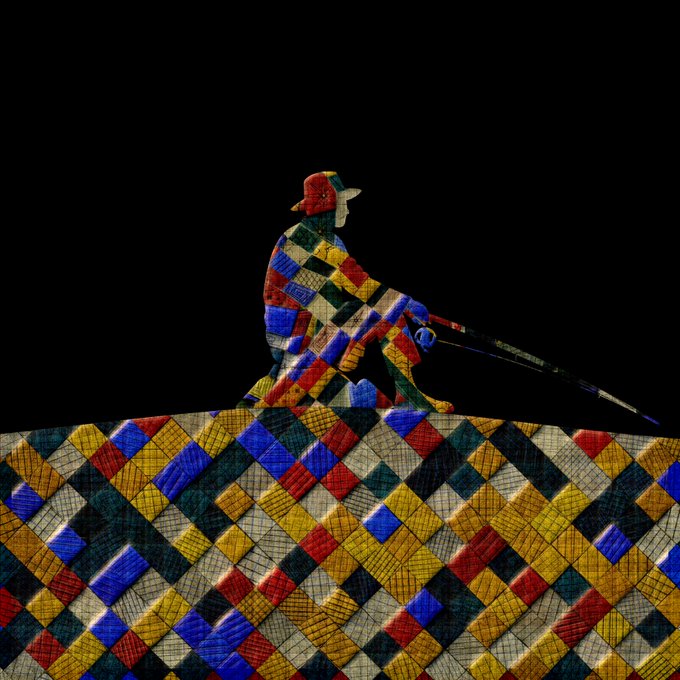 A stylized, artistic image of a person in a colorful checkered pattern holding what appears to be oars against a black background.