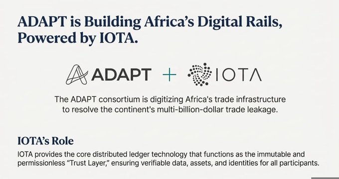 The image shows a promotional graphic for the ADAPT consortium, featuring the ADAPT and IOTA logos side by side, stating that "ADAPT is Building Africa's Digital Rails, Powered by IOTA" to digitize Africa's trade infrastructure and address the continent's multi-billion-dollar trade leakage.

The graphic relates to the post by illustrating how IOTA serves as the underlying "Trust Layer" enabling Africa's digital trade infrastructure—an important connection since the African Development Bank's focus on critical minerals represents the kind of industrial resources that would flow through the digitized trade systems IOTA and ADAPT are building.