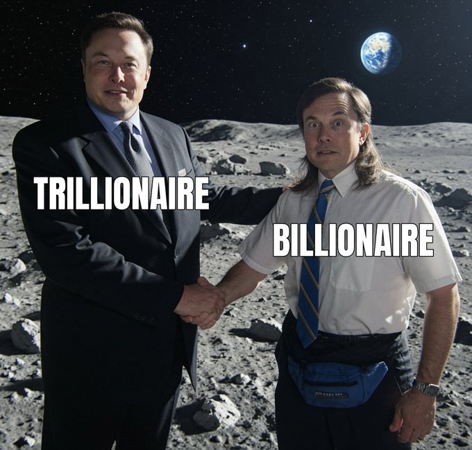 The image features two men shaking hands, with one man wearing a suit and tie while the other has long hair and is wearing a blue shirt. The background of the photo shows a planet or moon, suggesting that they are on an outer space mission. The caption for this image reads "Tricollitionaire BILLIONAIRE".
