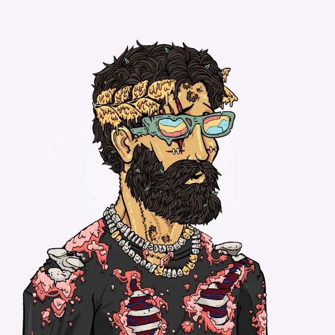 A stylized digital illustration of a bearded man wearing colorful reflective sunglasses, with a bandana on his head, neck tattoos, and a distressed black shirt with pink elements.
