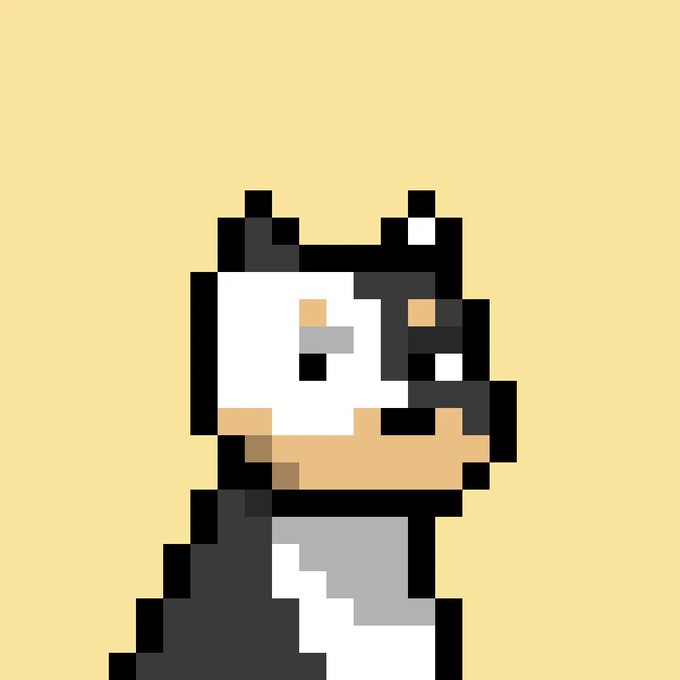 A low-resolution pixel art illustration of a cow or bull character with white, black, and tan coloring set against a plain yellow background.