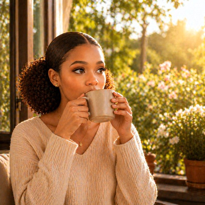 A young woman with curly hair drinks from a beige mug by a window, bathed in warm sunlight with pink flowering bushes visible outside.