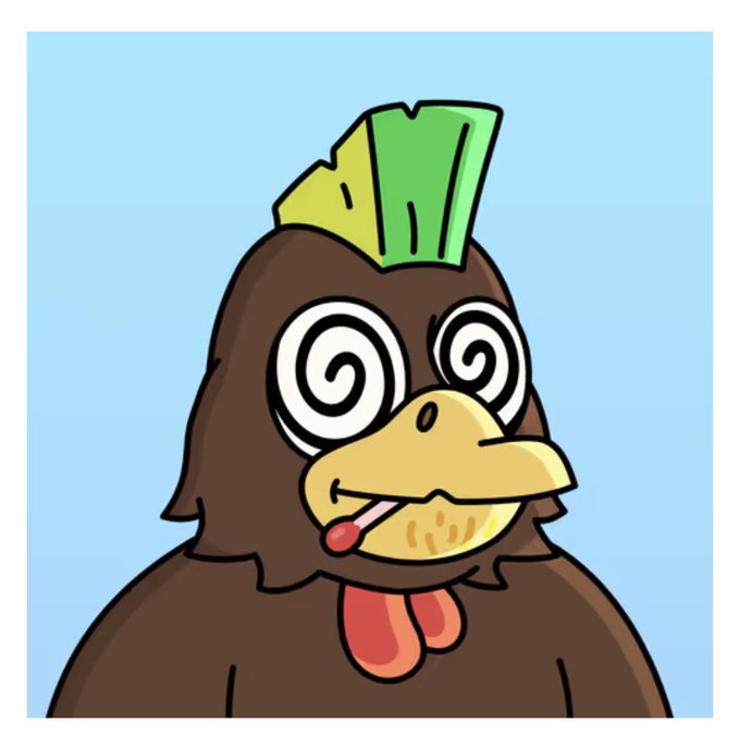 A cartoon illustration of a dizzy brown chicken or bird with spiral eyes, a green comb, and its tongue hanging out against a light blue background.
