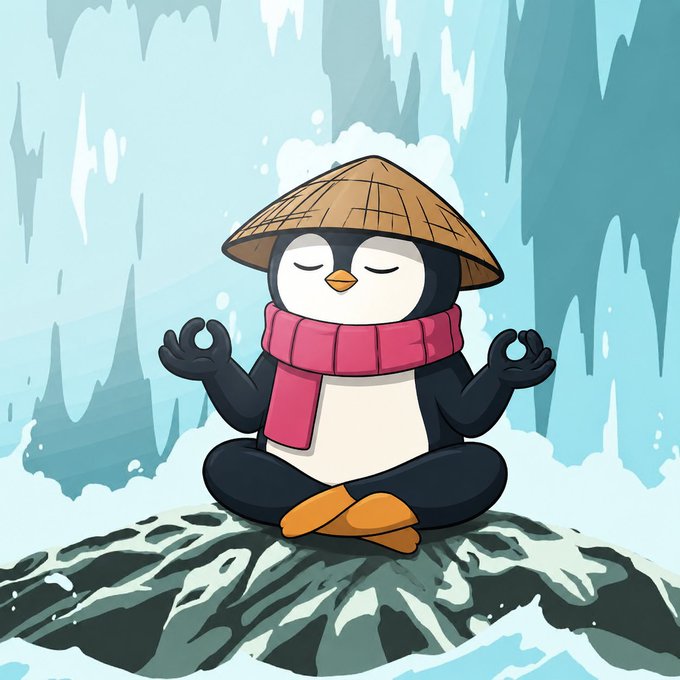 A cartoon illustration of a cute penguin wearing a conical straw hat and pink scarf, meditating in a lotus position on a snowy rock with its eyes closed.