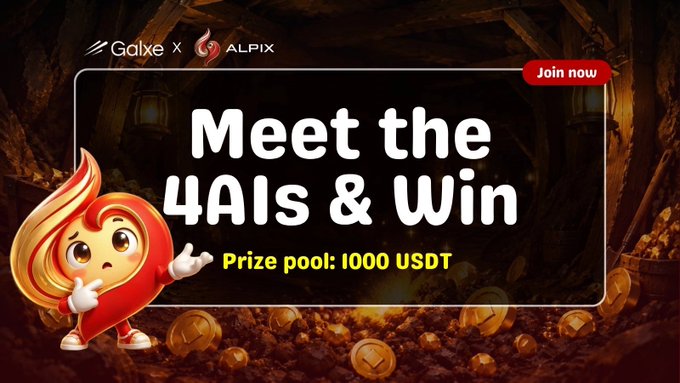 A promotional banner for a collaboration between 'Gdlxe X ALPIX' advertising 'Meet the 4AIs & Win' with a prize pool of 1000 USDT and a 'Join now' button.