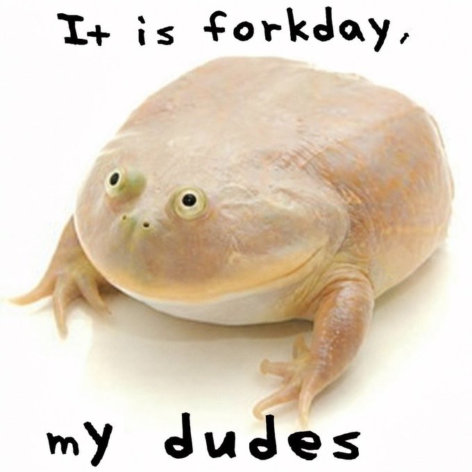 A cute, smiling frog-like creature with a plump body sits against a white background, accompanied by the playful text "It is forkday, my dudes" in a handwritten-style font.