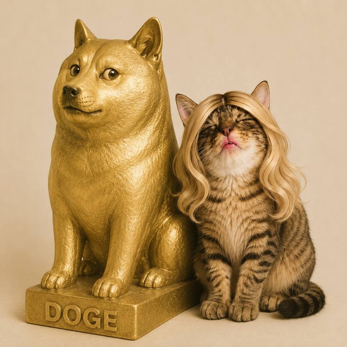 A humorous image featuring a golden dog statue labeled 'DOGE' beside a tabby cat wearing a long blonde wig.