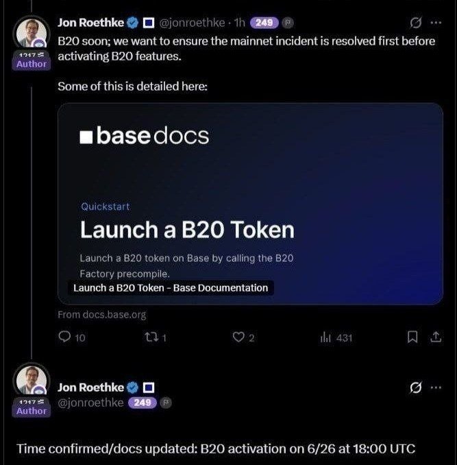 The image shows a tweet from Jon Roethke (@jonroethke) discussing the upcoming B20 activation on Base, scheduled for 6/26 at 18:00 UTC, with a link to Base documentation titled "Launch a B20 Token." This relates to the post by highlighting the technical foundation being laid for developers to launch tokens on the Base ecosystem, representing a key step toward enabling broader onchain innovation.