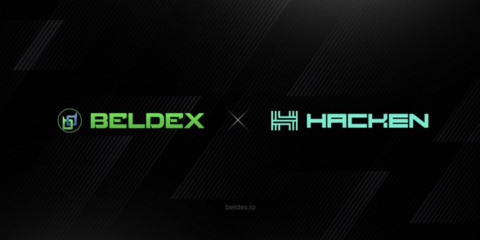 A promotional graphic with a black background displaying the logos for "BELDEX" and "HACKEN" separated by an "X", with "beldex.io" written at the bottom.