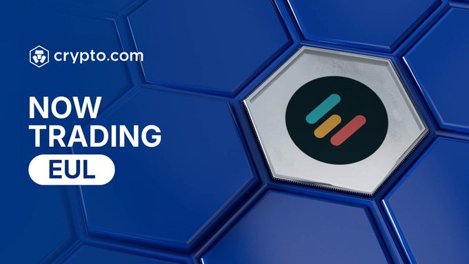 Crypto.com announces that Euler ($EUL) is now trading on its app, featuring the Crypto.com logo and a colorful EUL token emblem set against a blue hexagonal background.