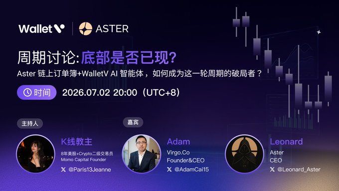 A promotional graphic for a crypto discussion titled "周期讨论：底部是否已现？" (Cycle Discussion: Has the Bottom Appeared Yet?) featuring K线教主 (Paris13Jeanne) as host and guests Adam (@AdamCai15), Founder/CEO of Virgo.Co and WalletV, and Leonard (@Leonard_Aster), CEO of Aster, scheduled for 2026.07.02 at 20:00 (UTC+8) on the Aster and WalletV platforms.