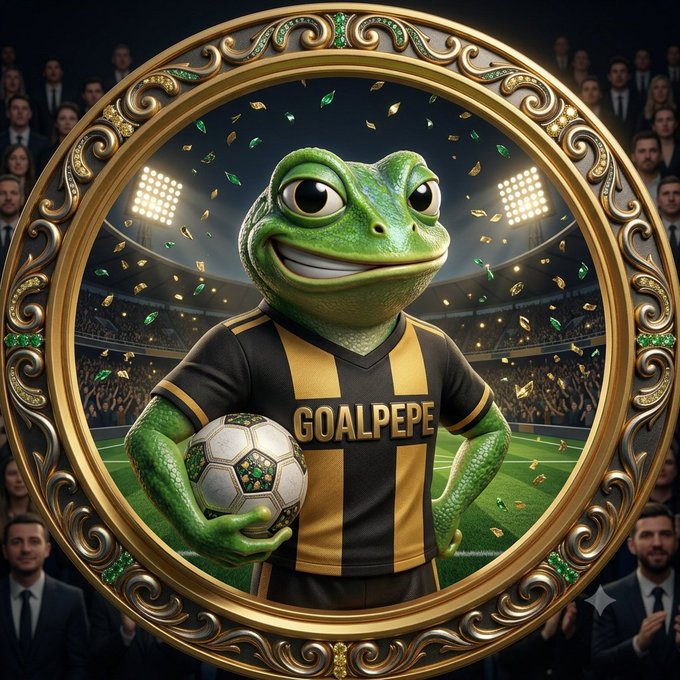 A Pepe the Frog meme character wearing a black and yellow striped 'GOALPEPE' jersey, holding a soccer ball, framed in an ornate golden circle with a stadium crowd and confetti in the background.