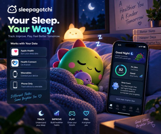 A promotional image for the 'sleepagotchi' app displays the tagline 'Your Sleep. Your Way.' alongside a green dinosaur-like character sleeping and a smartphone interface showing sleep data and coaching.