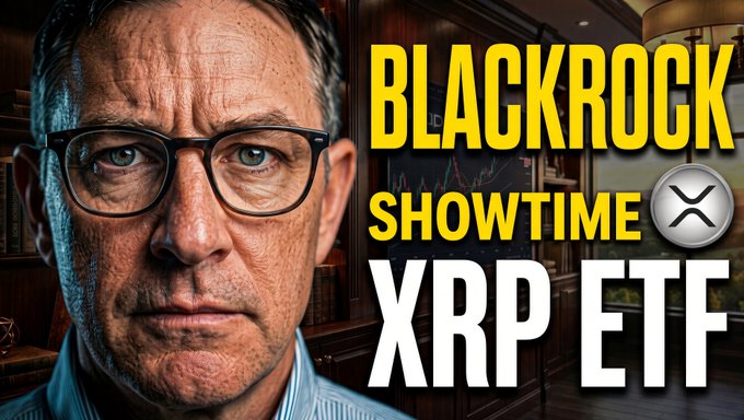 A close-up image of a serious-looking man wearing glasses, accompanied by bold text reading "BLACKROCK SHOWTIME XRP ETF" with the XRP logo, visually promoting a YouTube video about Wall Street declaring XRP a winner and the potential launch of a BlackRock XRP ETF.