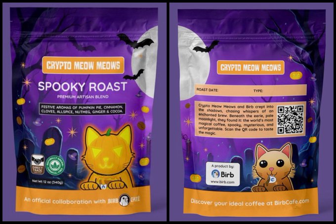 Two views of a purple 'Crypto Meow Medows - Spooky Roast' coffee bag with Halloween-themed packaging featuring a jack-o'-lantern cat, bats, and text about the Birb Cafe collaboration including a QR code.
