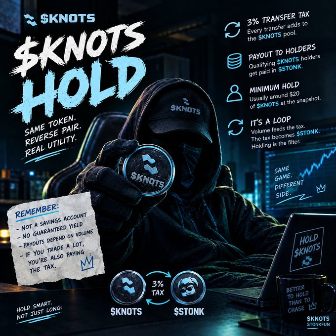 A hooded figure wearing a $KNOTS cap holds up a $KNOTS coin beside a "HOLD $KNOTS" laptop, with text explaining its "reverse pair" model where a 3% transfer tax funds $STONK payouts to holders who maintain around $20 in $KNOTS, emphasizing the tagline "Same Token. Reverse Pair. Real Utility."