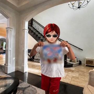 The image features a young boy wearing sunglasses and holding up a picture of himself. The background includes a living room setting with a couch and a chair. The caption reads "My son is a straight A student and the leading scorer in his basketball AND soccer leagues Sometimes I wonder if he'S really mine".