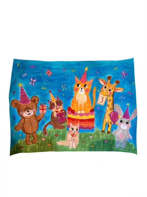 A colorful backdrop or tapestry featuring cartoon animals—a bear, cat, giraffe, rabbit, and kitten—celebrating with party hats, gifts, and confetti.