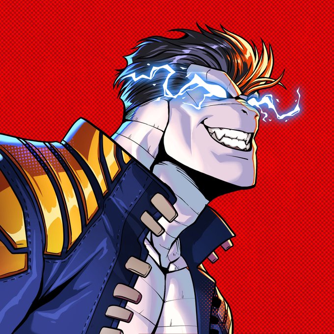 A digital illustration of a grinning character with glowing blue energy emanating from his eyes, wearing yellow and blue armor against a red background.
