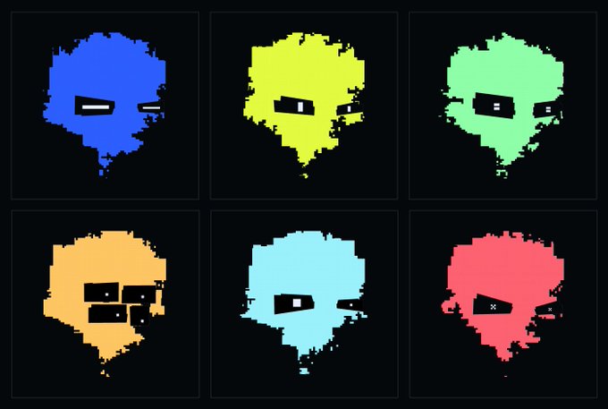 A grid of six pixelated skull-like characters in different colors (blue, yellow, green, orange, cyan, red) with glitchy black eyes.