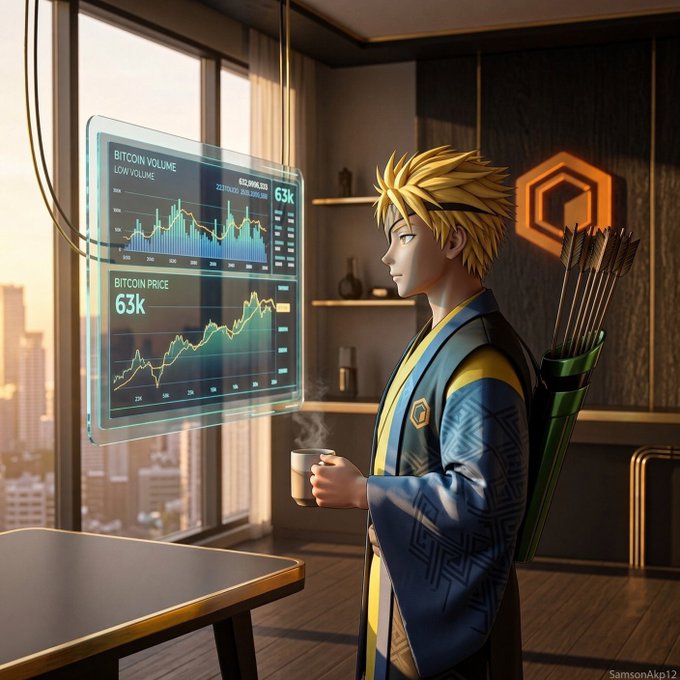 An anime-style illustration of a blonde character in traditional robes holding a coffee mug, with a holographic screen displaying Bitcoin price and volume charts.