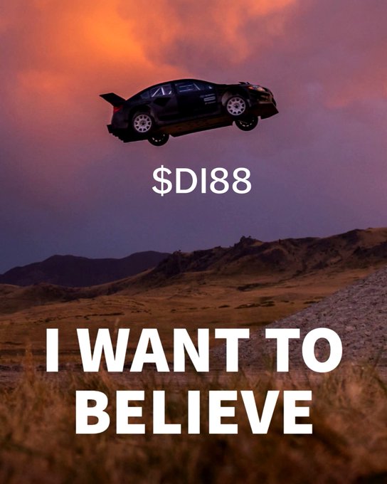 A black sports car appears to fly over a desert landscape against a sunset sky, with the text "$DI88" overlaid in the center and "I WANT TO BELIEVE" in large white letters at the bottom.