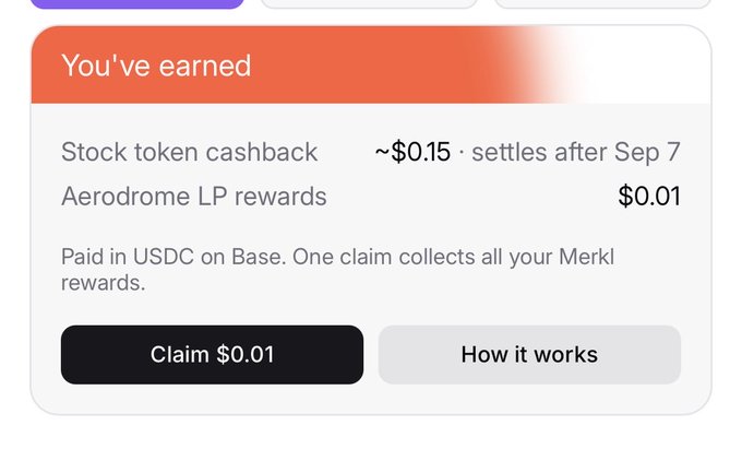 A mobile app interface showing an earnings summary with 'Stock token cashback' of ~$0.15 settling after Sep 7, 'Aerodrome LP rewards' of $0.01 paid in USDC on Base, and a 'Claim $0.01' button.